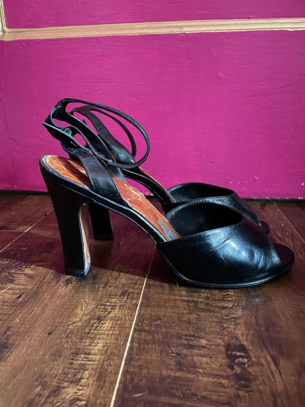 Vtg 1950’s Black leather Open-Toe Ankle-Strap Bettie Page High Heels Women 8.5